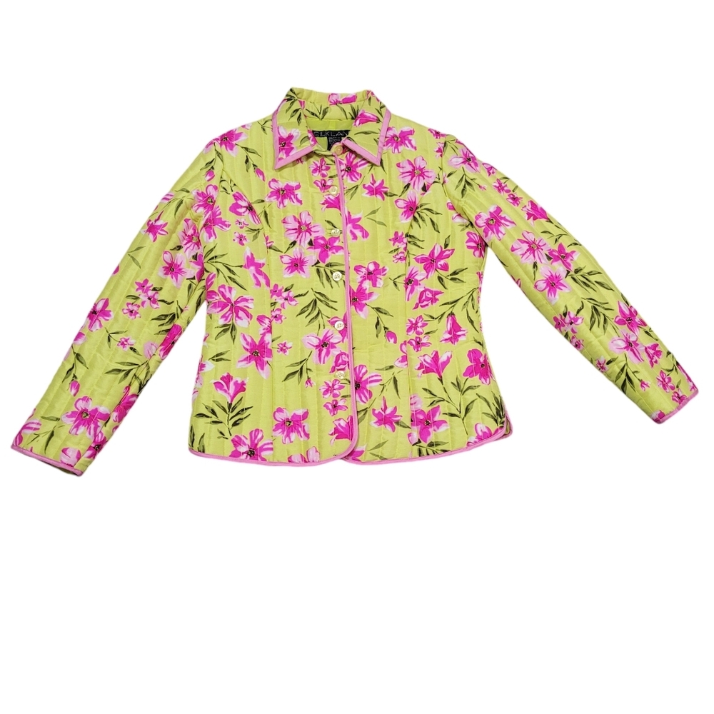 Silkland Silk Quilted Jacket Size M Colorful Floral Flawed Maximalist Boho Girly